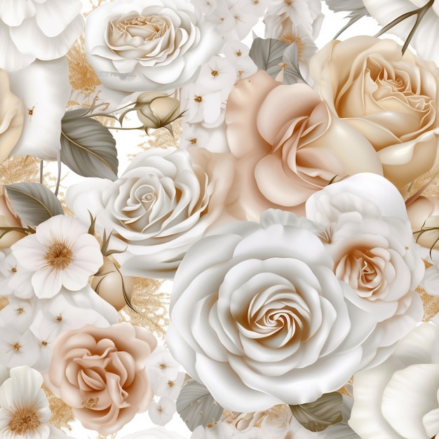 A seamless pattern of white roses with leaves and flowers.