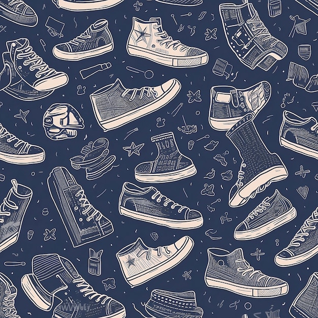 Seamless pattern of white sneakers on the navy background