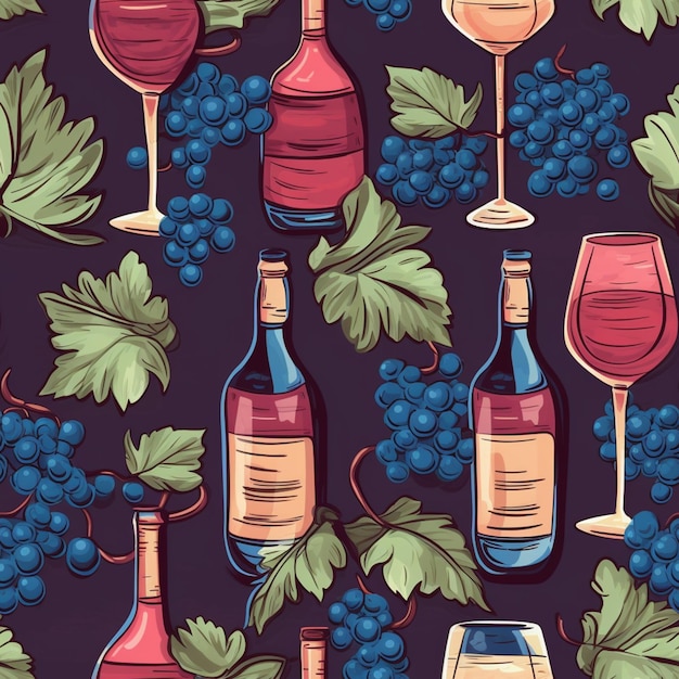 seamless pattern of wine bottles and glasses with grapes on a dark background generative ai