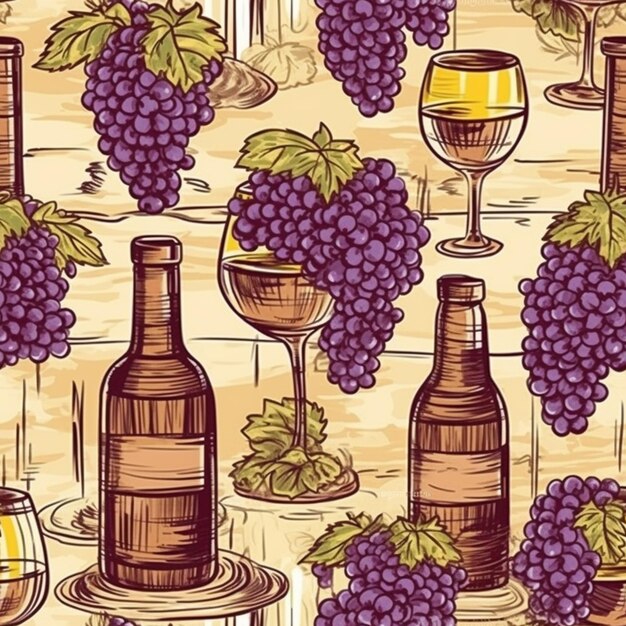 A seamless pattern of wine bottles and grapes on a table generative ai