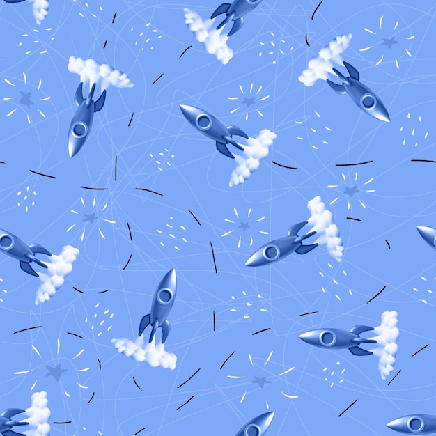 Seamless pattern with 3D rockets in blue tones for boys.