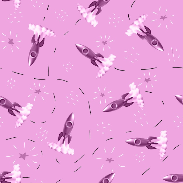 Seamless pattern with 3D rockets in pink colors for girls.