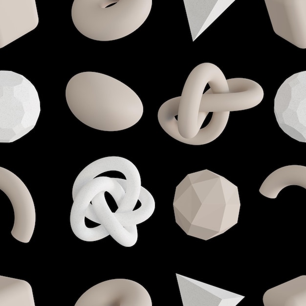 seamless pattern with abstract beige and white 3d shapes on black background modern design for print textile wrapping paper trendy and futuristic elements 3d render