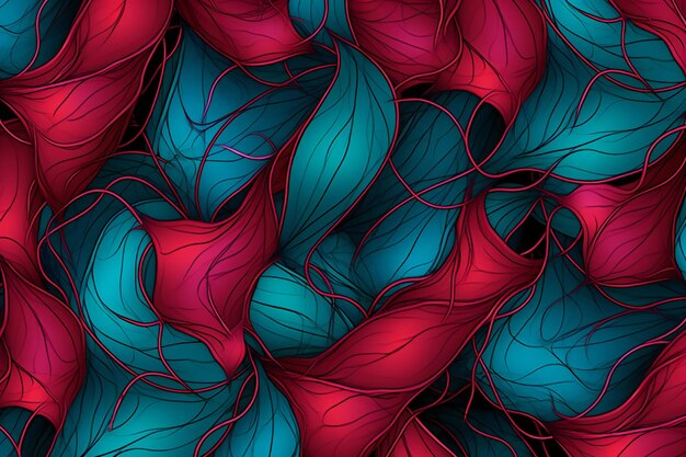 Seamless pattern with abstract leaves in blue and pink colors