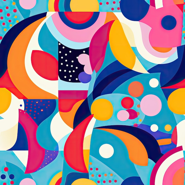 Seamless pattern with abstract shapes of fun random geometric shapes in rainbow and vibrant colors