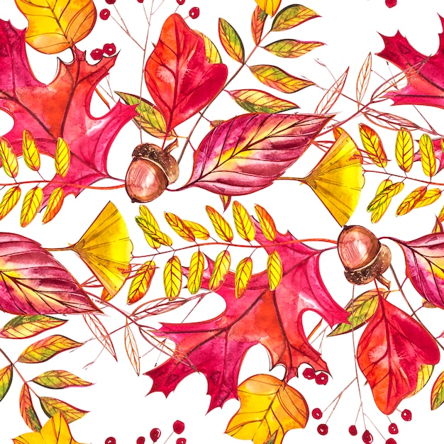 Seamless pattern with acorns and autumn oak leaves in Orange, Beige, Brown and Yellow.