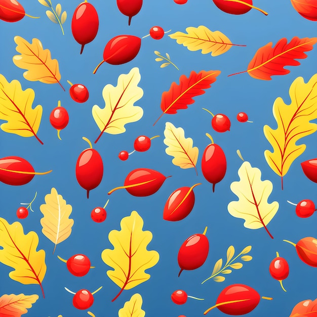 Бесшовный рисунок с желудями и осенними дубовыми листьями в красном и желтом цветах