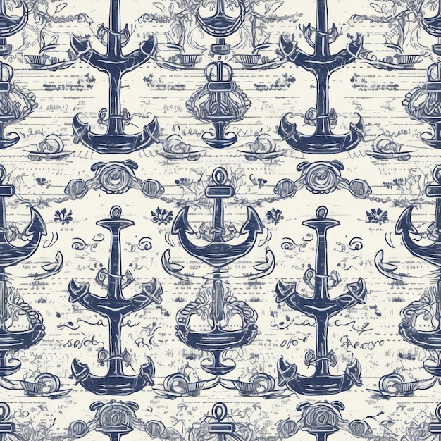 Photo seamless pattern with anchor and sea waves on a white background.