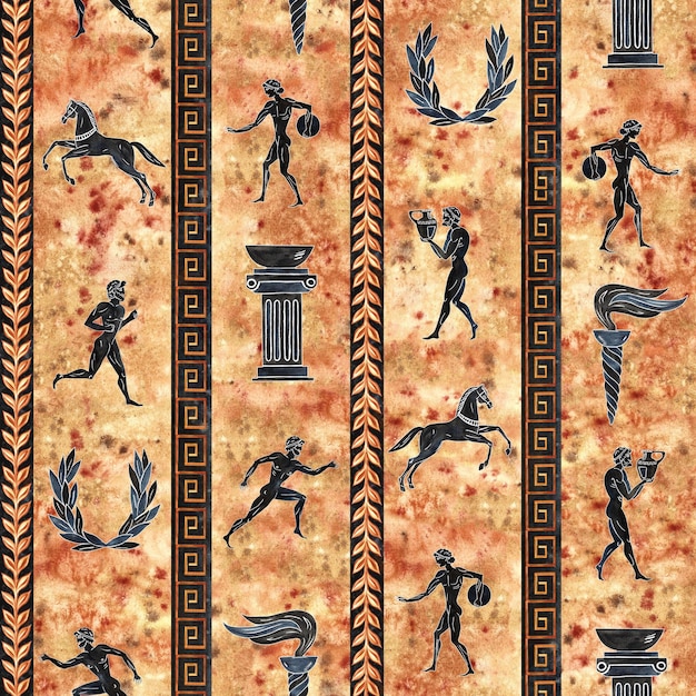 Photo seamless pattern with ancient greek athletes hand drawn watercolor illustration