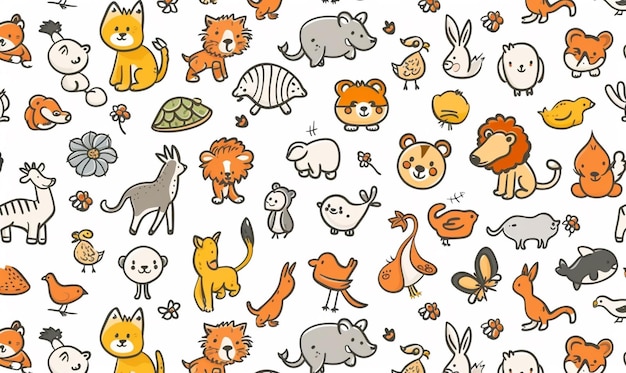 Photo seamless pattern with animals cute doodle illustration white background
