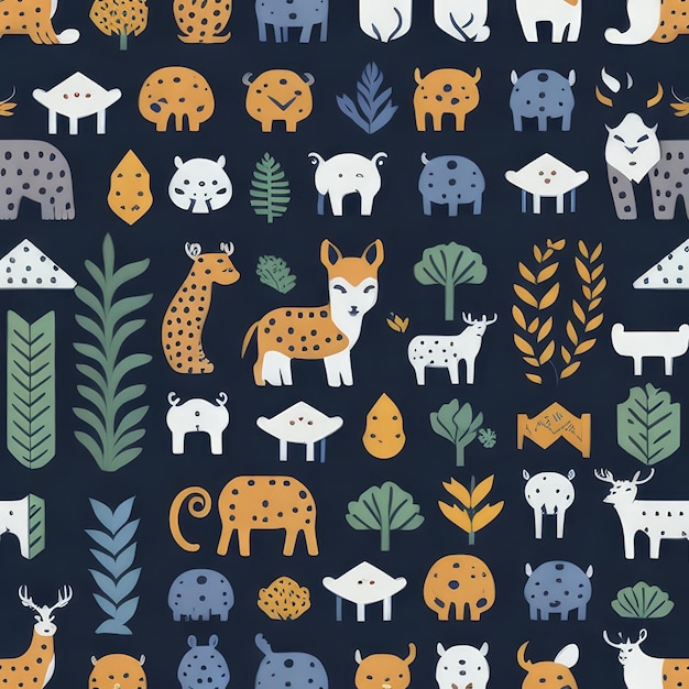 A seamless pattern with animals and plants.