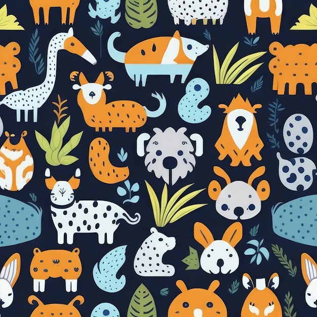 A seamless pattern with animals and plants.