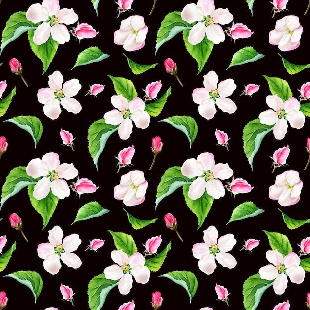 Seamless pattern with apple tree floral elements Watercolor illustration isolated on black background