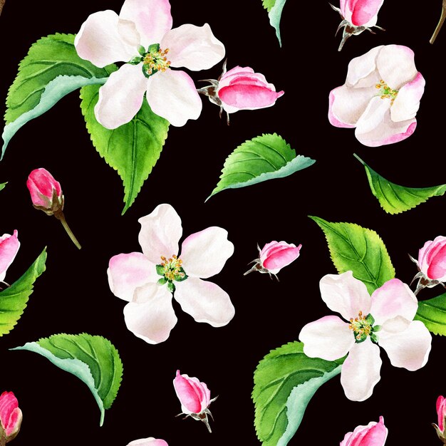 Seamless pattern with apple tree floral elements Watercolor illustration isolated on black background