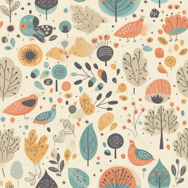 A seamless pattern with autumn leaves and birds.