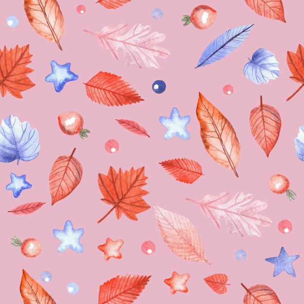 Seamless pattern with autumn leaves and rosehip berries on pink background. Hand painted watercolor illustration.