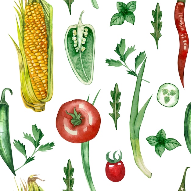 Seamless pattern with autumn vegetables handpainted in watercolor on a white background