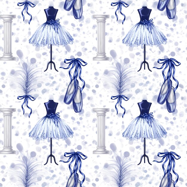 Photo seamless pattern with ballet blue outfits dance tutus pointe shoes bows and feathers