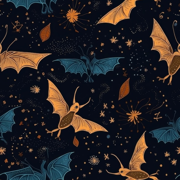 Seamless pattern with bat and stars on a dark background.