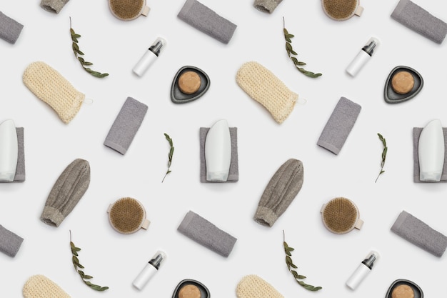 Seamless Pattern with bath accessories  from natural material, zero waste set for bathroom