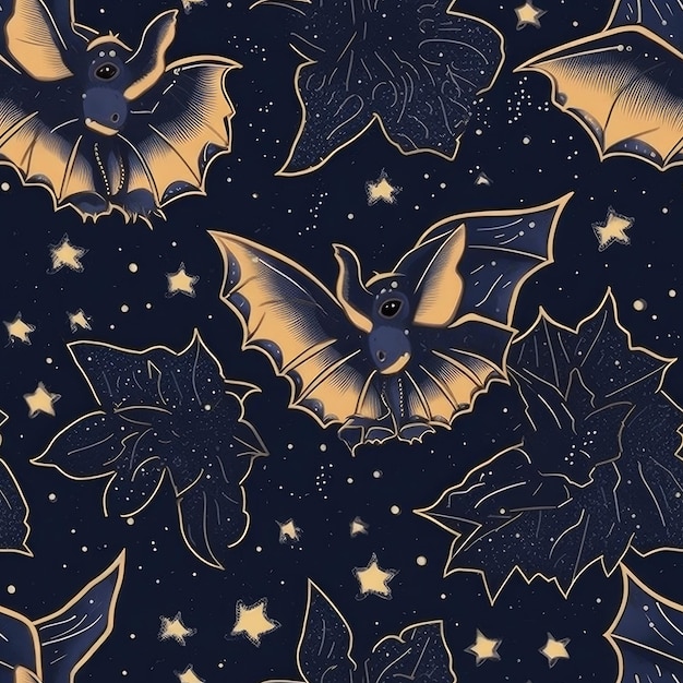 A seamless pattern with bats and stars on a dark blue background.