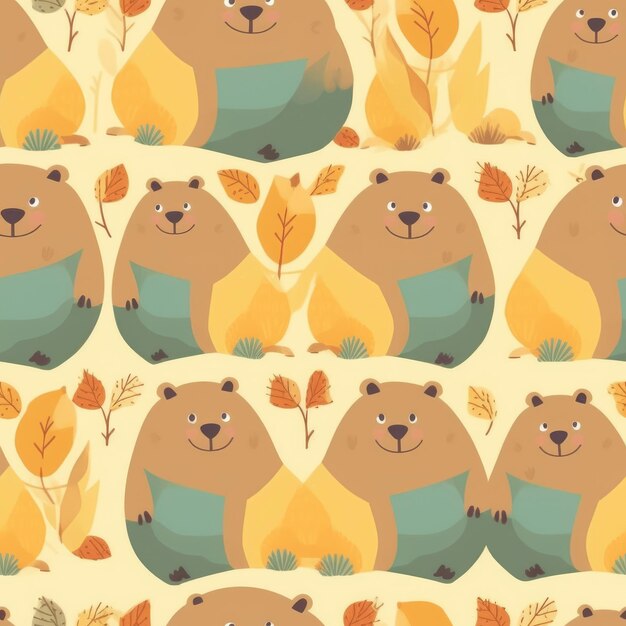 A seamless pattern with a bear and leaves.