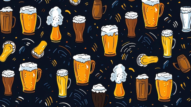 Photo a seamless pattern with beer mugs and bubbles.