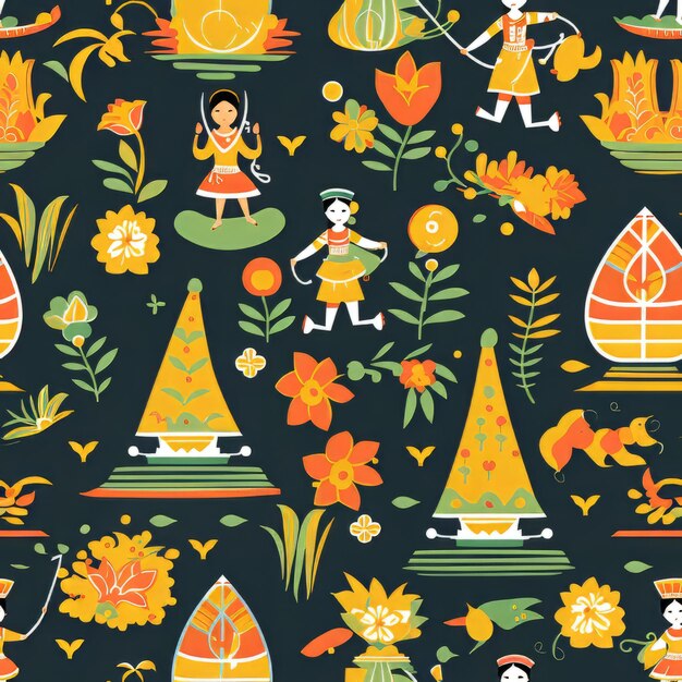 Seamless pattern with bird in flower garden