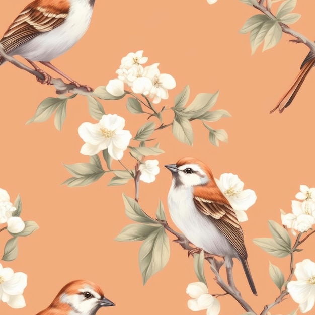 A seamless pattern with birds on a branch with white flowers.