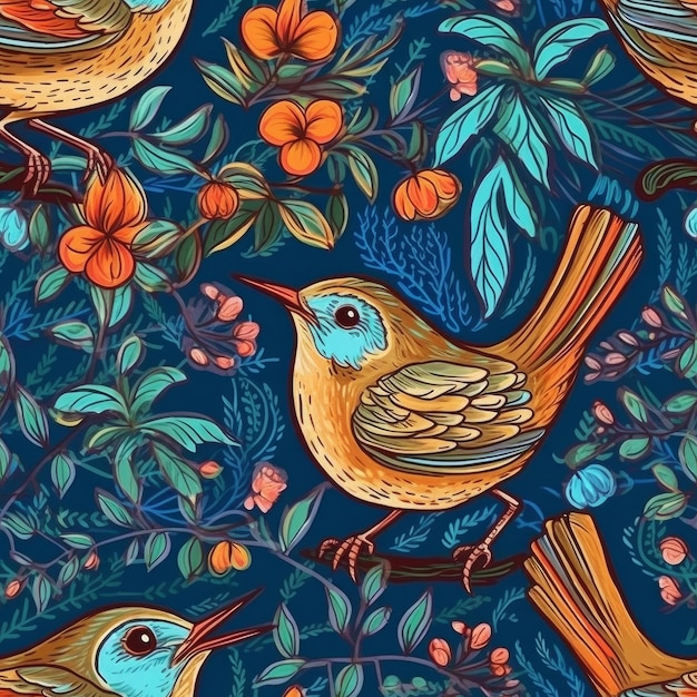 A seamless pattern with birds on a branch.