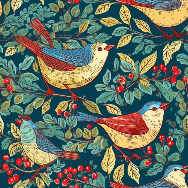 A seamless pattern with birds on a branch.