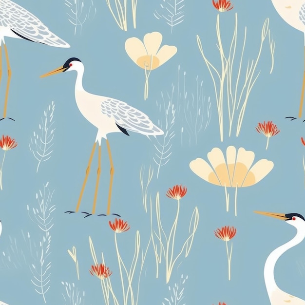 A seamless pattern with birds and flowers.