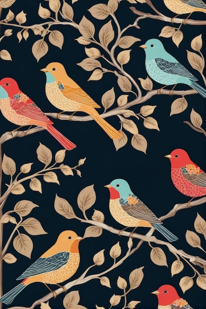 Seamless pattern with birds on tree branches repeating fabric pattern