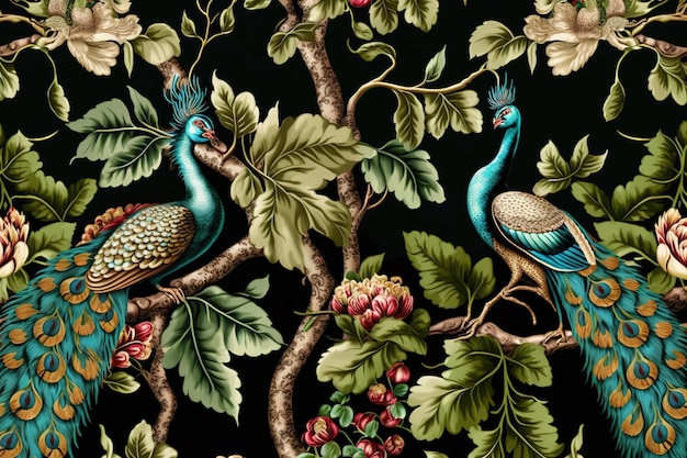 Seamless pattern with birds and tropical leaves and flowers