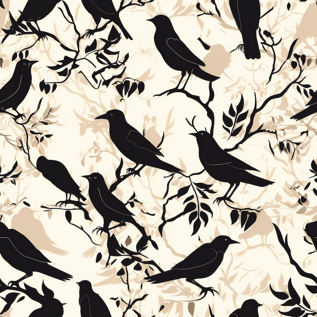 Seamless pattern with black birds on a branch.