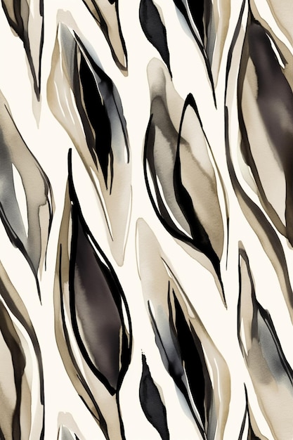 A seamless pattern with black and white feathers on a beige background.