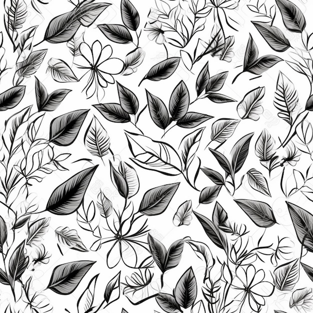 A seamless pattern with black and white flowers and leaves.