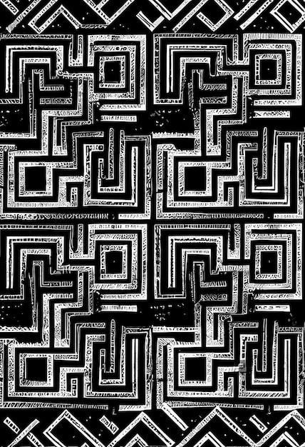 Seamless pattern with black and white mazes on a black background.