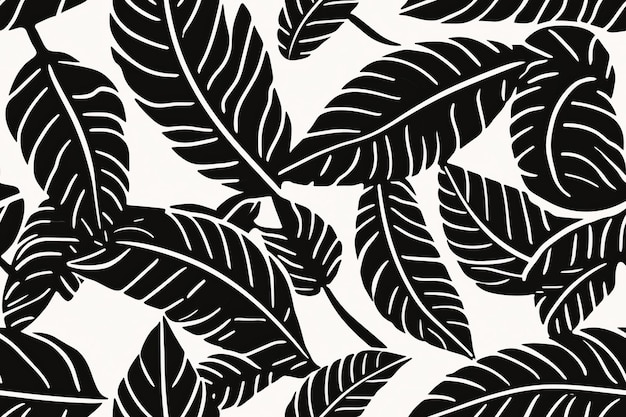 A seamless pattern with black and white tropical leaves.