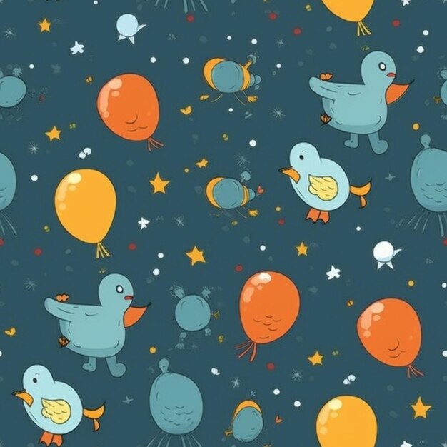 Photo a seamless pattern with blue birds and balloons.