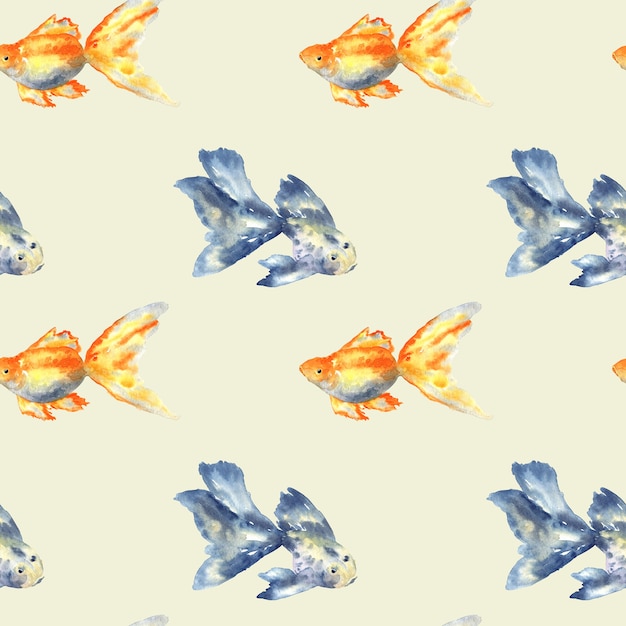 Бесшовный фон с синей рыбой с большим плавником и золотой рыбкой
