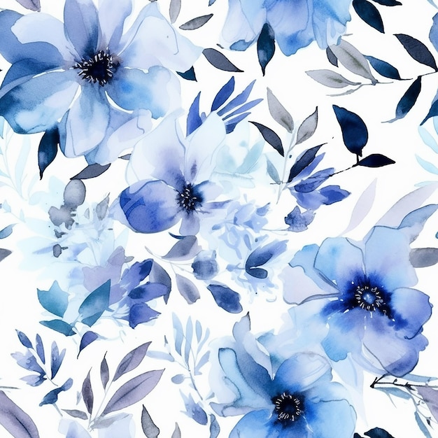 흰색 배경에 파란색 꽃이 있는 매끄러운 패턴입니다.