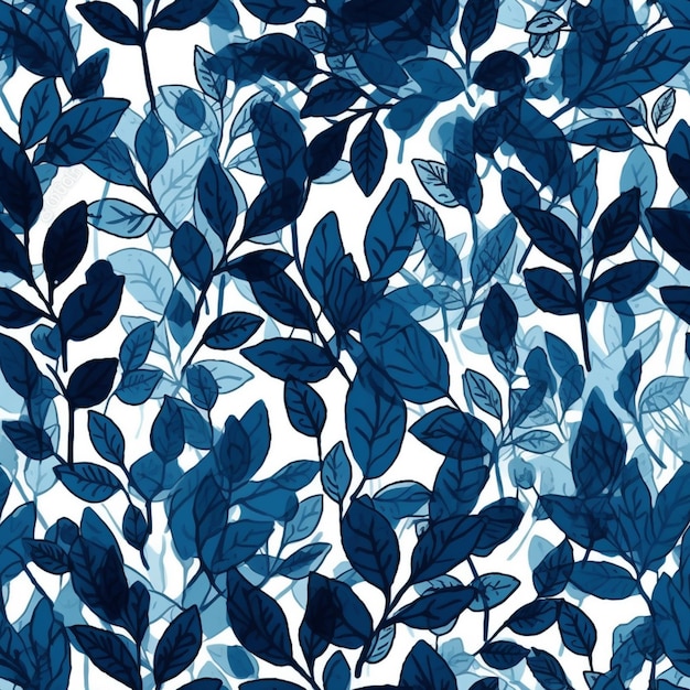 A seamless pattern with blue leaves and flowers.