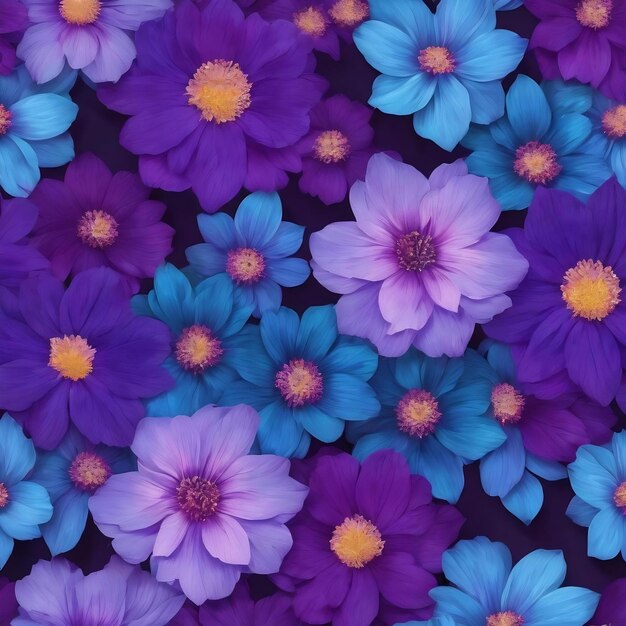 Seamless pattern with a blue and purple flowers on a purple background