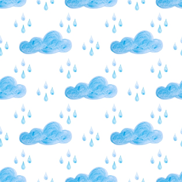 Seamless pattern with blue watercolor clouds and rain Hand drawn background