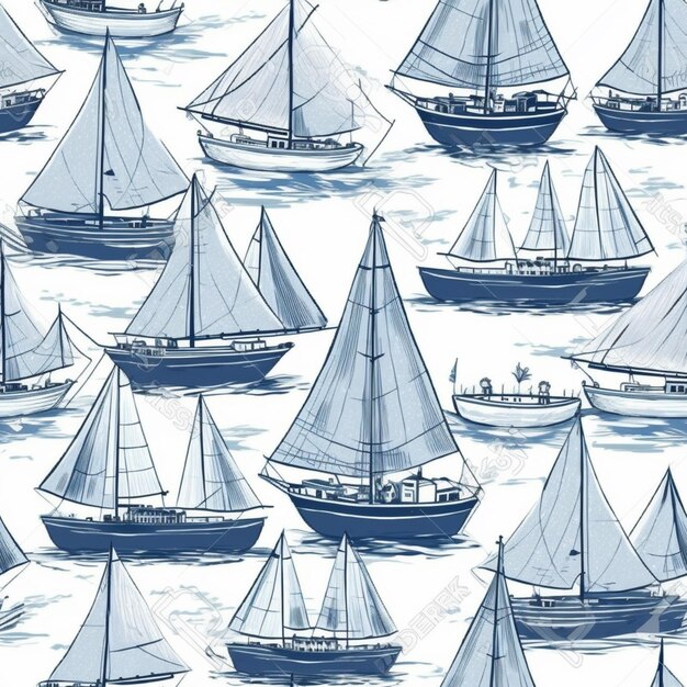 Бесшовный рисунок с лодками на море.