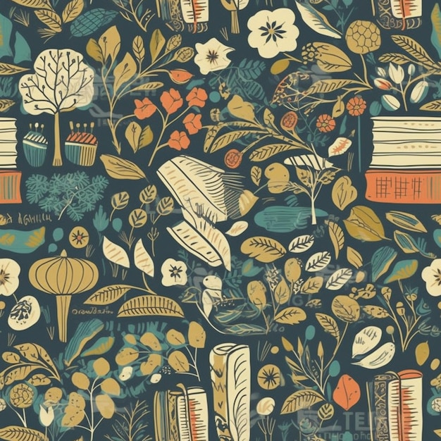 A seamless pattern with books and plants.