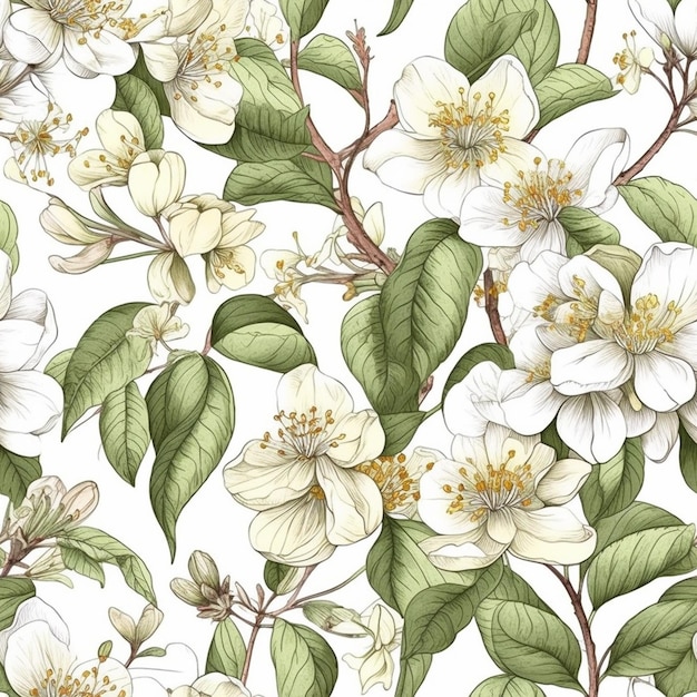 Seamless pattern with a branch of a flowering tree.