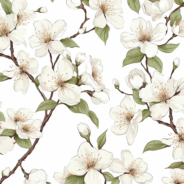 Seamless pattern with a branch of white flowers