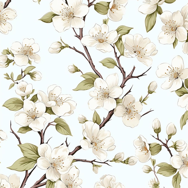 Seamless pattern with a branch of white flowers